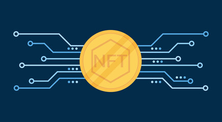 Concept of NFT, non-fungible token on golden coin icon with the network, vector flat illustration