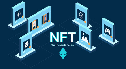 Concept of NFT, non-fungible token on internet online marketplace and crypto art or game items on blockchain technology with virtual exhibition, vector flat illustration