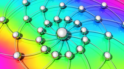 Netzwerk aus Metallkugeln auf einem farbenfrohen Hintergrund