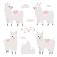 Hand drawn childish set with alpacas, clouds and mountain