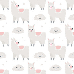 Childish seamless pattern with alapacas and clouds.