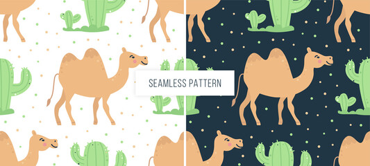 Seamless childish pattern with camels and cacti.