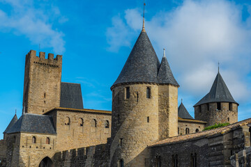 Fototapeta na wymiar View over the historical castle carcassone - cite de carcassone - with the towers, background blue sky, close up
