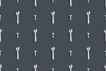 Adjustable metal wrench seamless pattern. Background from a metal wrench and a bolt. 