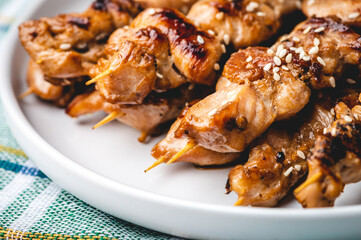 Grilled Asian Chicken Barbecue (BBQ)  seasoned with seasoned with sesame seeds (focused)
