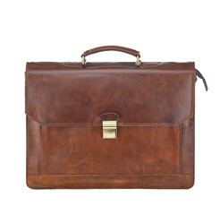 Beautiful red-brown leather briefcase with a clasp, isolated on a white background. Concept: business, document management, shares, capital investment, investment.