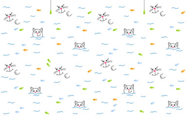 Cute cat swims in the river and catches fish. Seamless pattern with face cats.