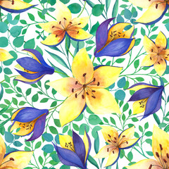 Yellow and purple flowers, green leaves seamless print. Vibrant summer botanical illustration