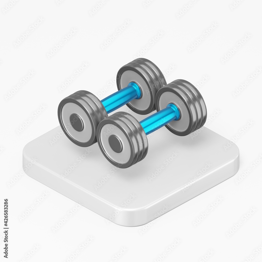 Poster dumbbell icon. 3d rendering square button key isometric view, interface ui ux element.