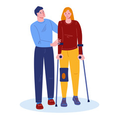 Girl with a damaged knee on crutches. A guy friend supports her, helps. Vector illustration in flat cartoon style. Isolated on a white background.