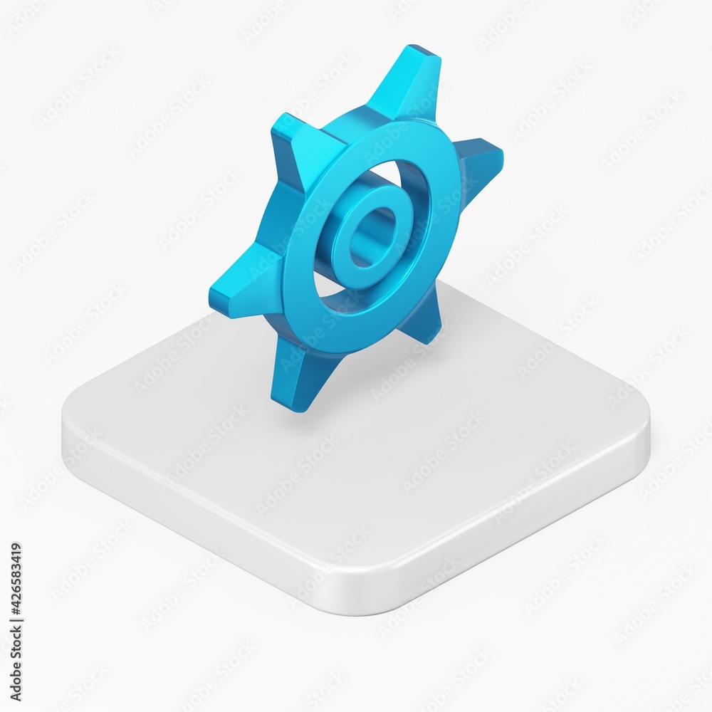Poster blue gear icon. 3d rendering square button key isometric view, interface ui ux element.