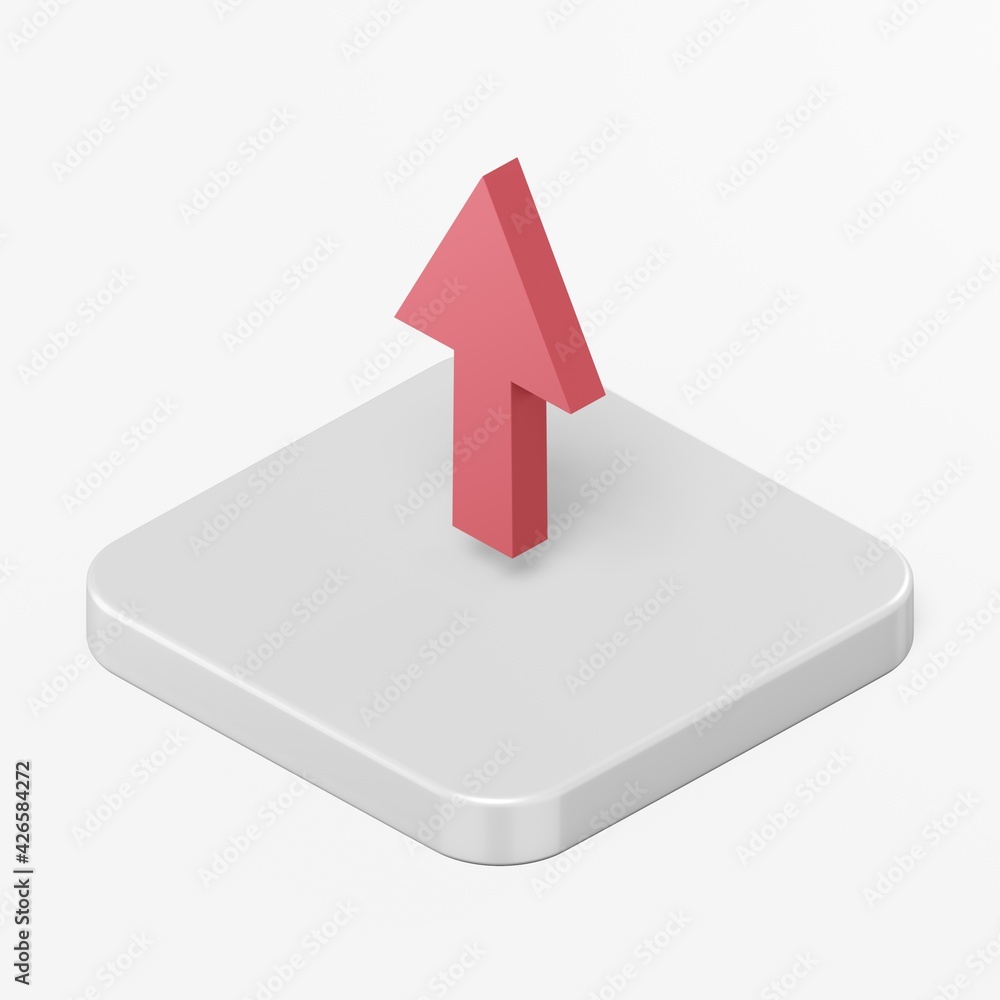 Poster red up arrow icon. 3d rendering square button key isometric view, interface ui ux element.
