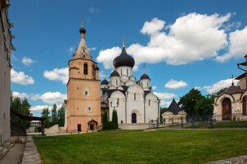 Fototapeta na wymiar View of the Assumption Cathedral in the Holy Assumption Monastery. Staritsa town, Tver region