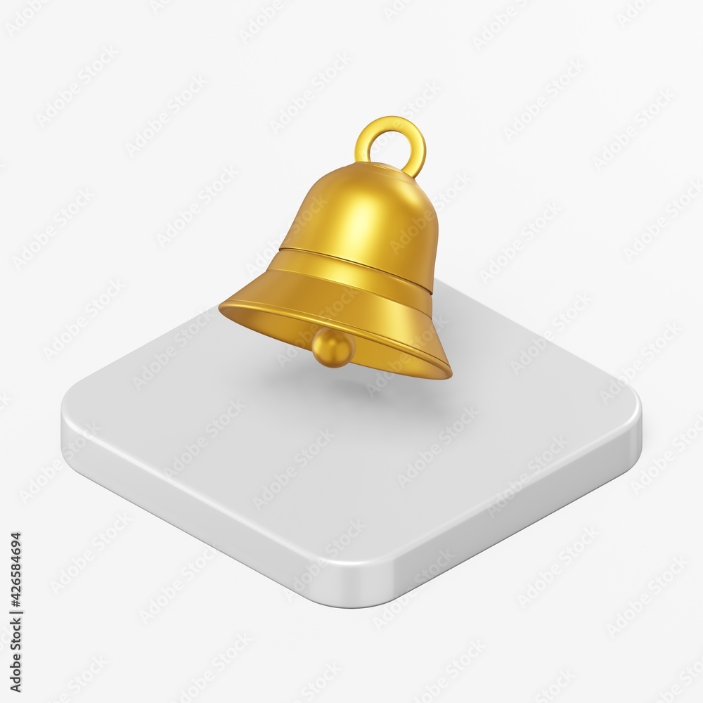 Poster golden bell icon. 3d rendering square button key isometric view, interface ui ux element.