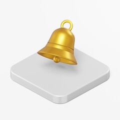 Golden bell icon. 3d rendering square button key isometric view, interface ui ux element.