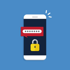 Unlocked phone , notification and password field on a mobile phone. Smartphone security concept.	