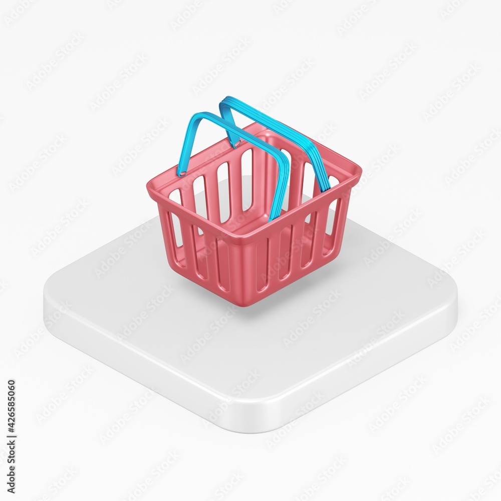 Poster supermarket shopping cart red icon. 3d rendering square button key isometric view, interface ui ux e