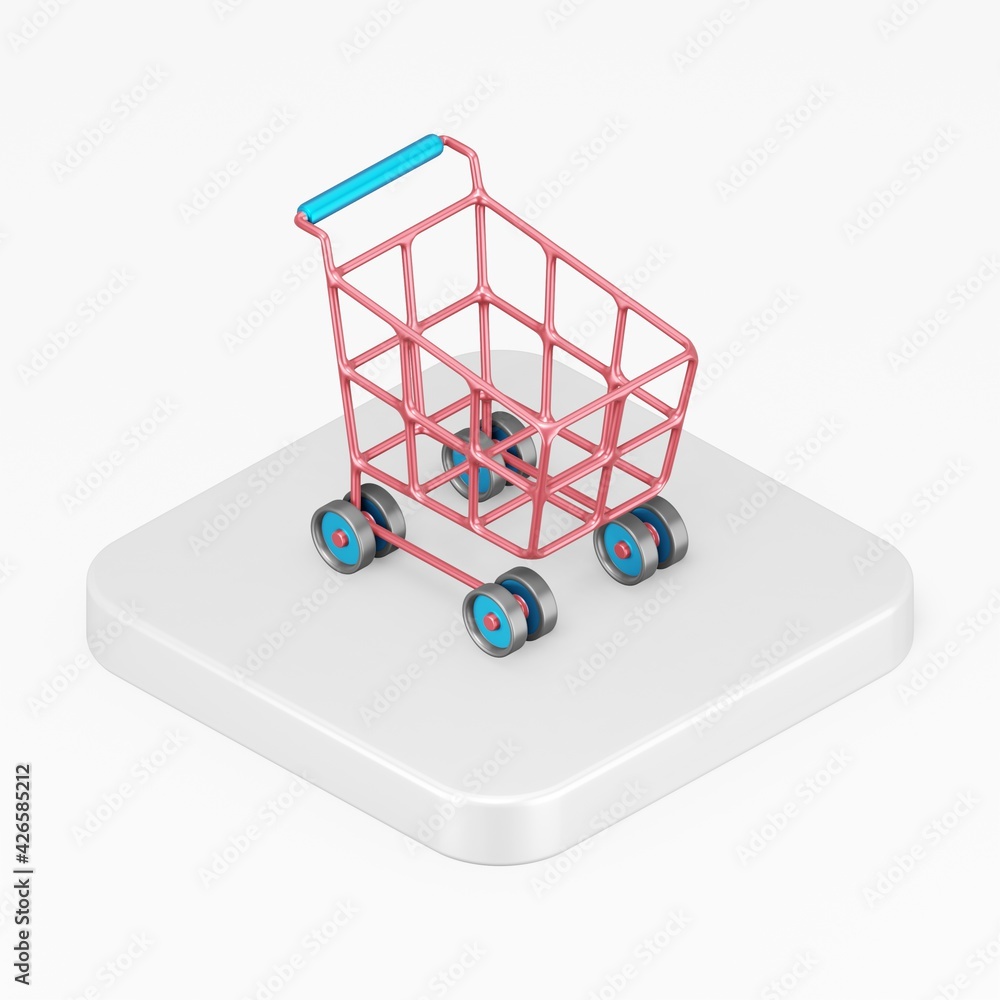 Poster red shopping cart icon on wheels. 3d rendering square button key isometric view, interface ui ux ele