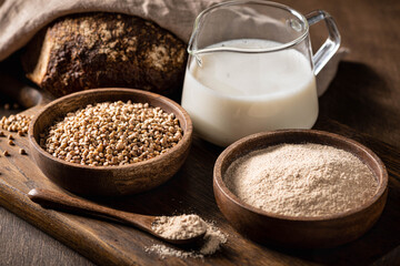 Buckwheat products, cereals, flour and milk, gluten-free.