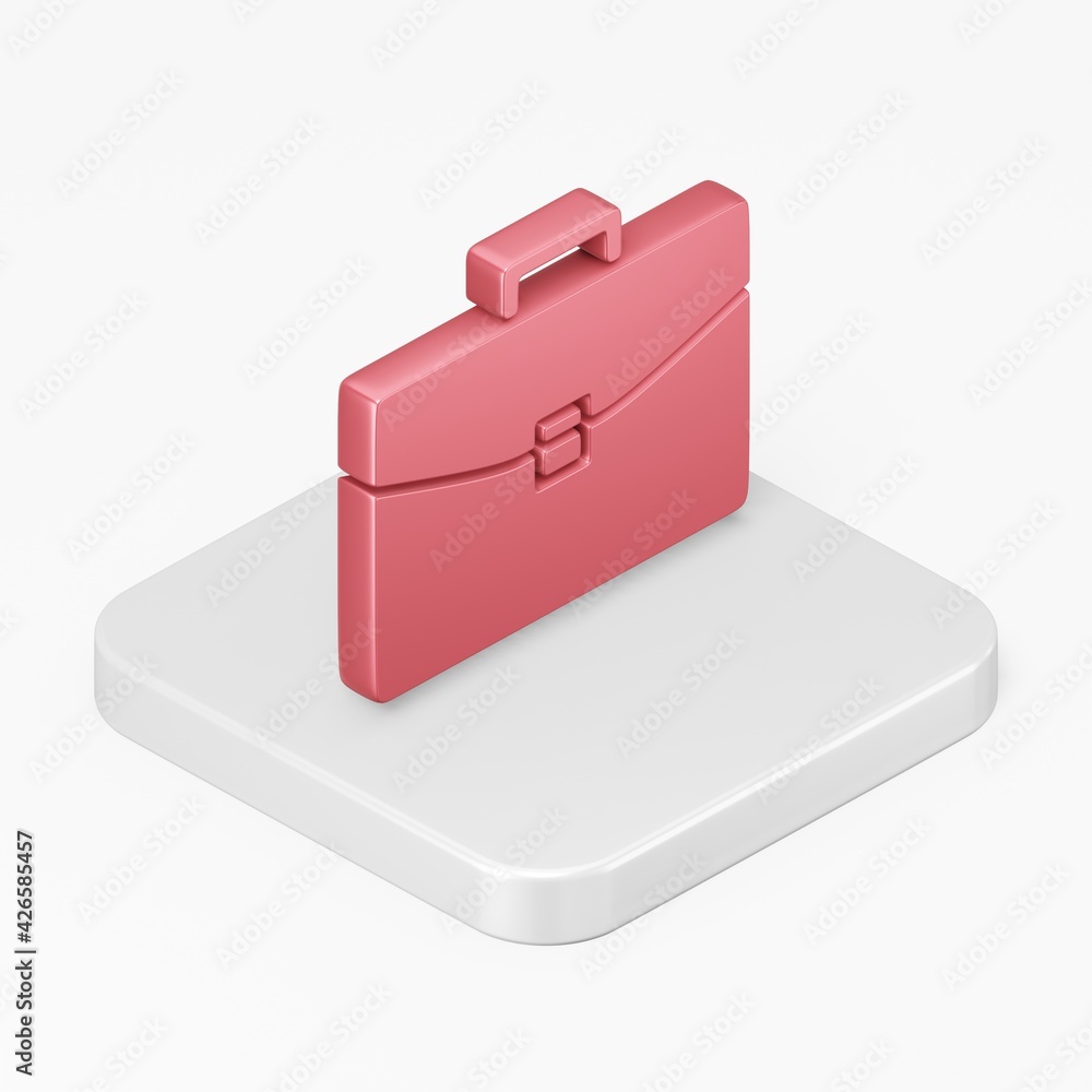 Poster red business briefcase icon. 3d rendering square button key isometric view, interface ui ux element.