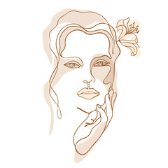 Abstract female face, portrait in minimalism with place for text - design templates for social media stories and bloggers - simple stylish logo for beauty salons. Dawn in one line, sketch style.
