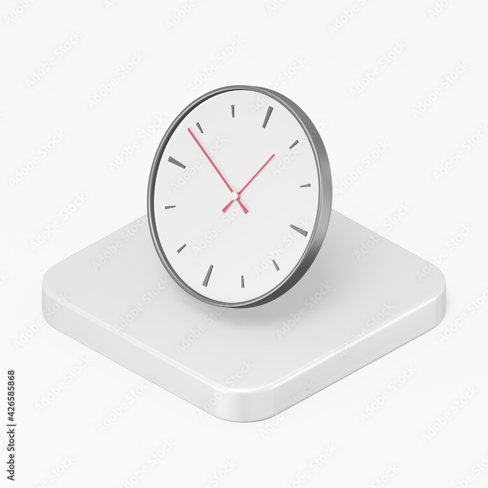 Poster wall round clock icon. 3d rendering square button key isometric view, interface ui ux element.