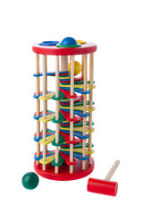 Balance tower. Colors. Knocker with a hammer. The material is wood. Educational toy Montessori. White background. Close-up.