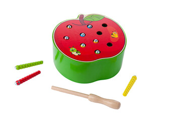 Apple with worms made of wood. Catch worms with a fishing rod on a magnet. Educational toy...