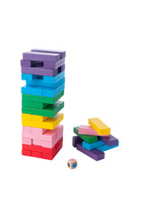 Naklejka premium Balance tower. Colors. The classic tower game. Jenga. The material is wood. Educational toy Montessori. White background. Close-up.