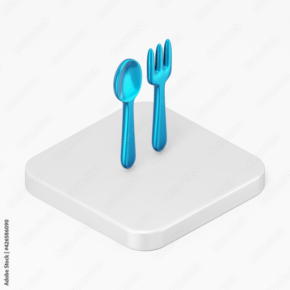 Poster Blue spoon and fork icon. 3d rendering square button key isometric view, interface ui ux element.