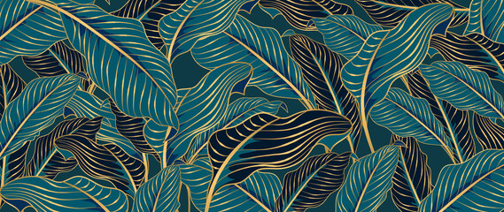 Green Tropical leaves background vector with golden line art texture.  Luxury wallpaper design for prints, poster, cover, invitation, packaging design background, wall art and home decoration.