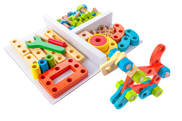Wooden construction set. Educational toy Montessori. White background. Close-up.