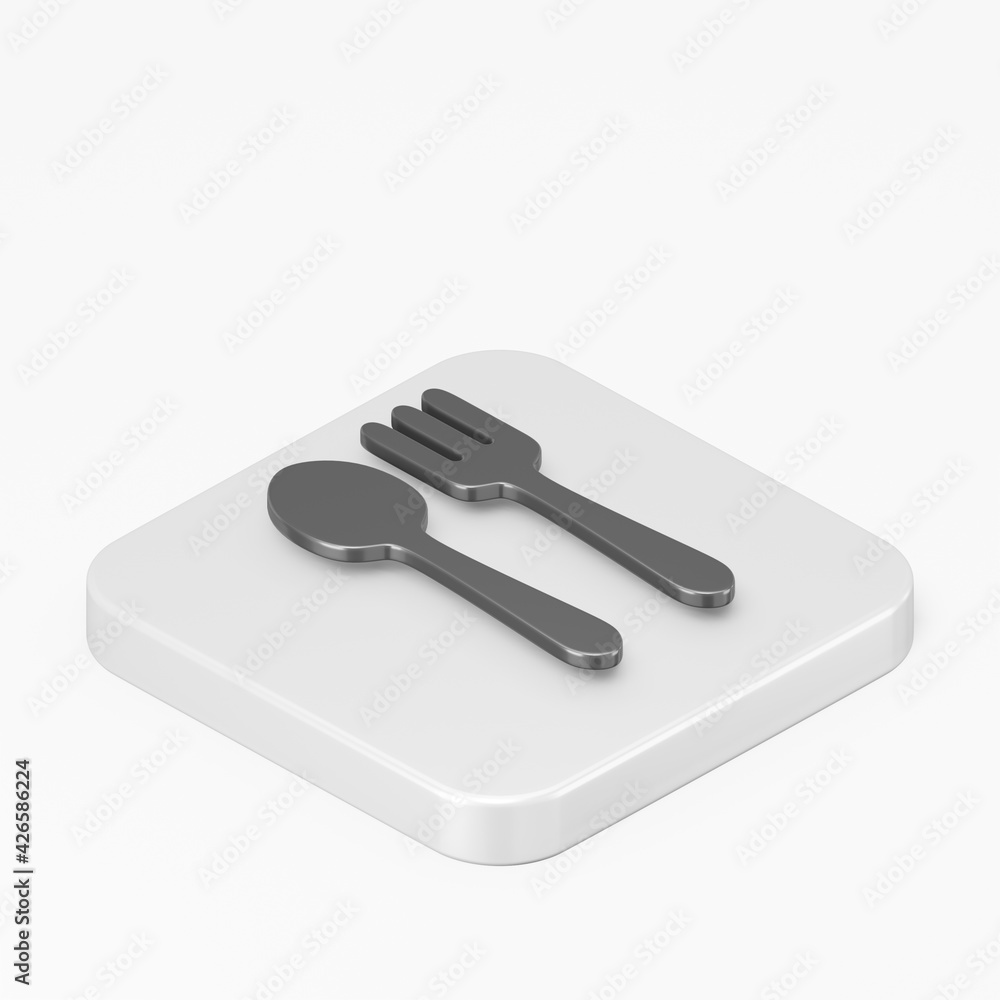 Poster black flat spoon and fork icon. 3d rendering square button key isometric view, interface ui ux eleme