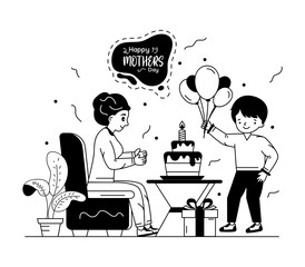 
Mothers day cake with son to show affection, glyph illustration 

