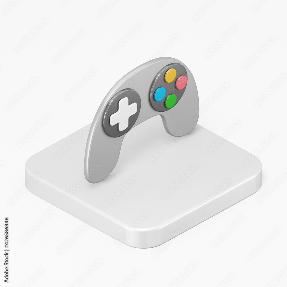 Poster gray gamepad icon with multicolored buttons. 3d rendering square button key isometric view, interfac