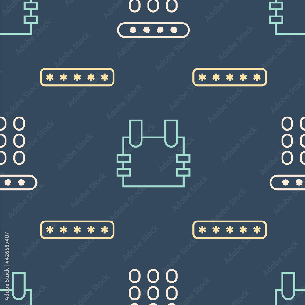 Poster set line password protection, password protection and bulletproof vest on seamless pattern. vector