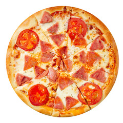 Isolated pizza with parma ham and tomato on the white background