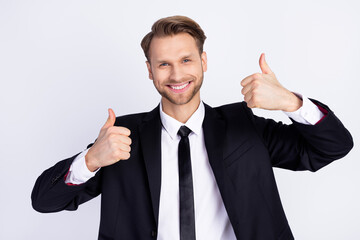 Photo of young man happy positive smile show thumb-up like cool advert advice isolated over grey color background