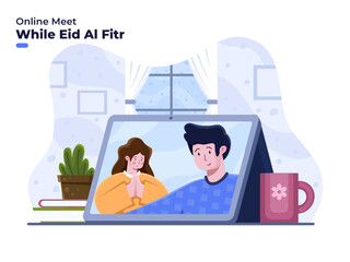 Celebrate and greeting eid al fitr mubarak with video call. EId Al Mubarak During Covid-19 Coronavirus pandemic. Forgive each other person with online video call. Meet Family with online videocall. 
