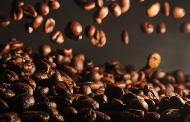 Close up of coffee beans on dark background