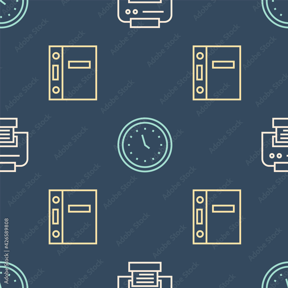 Poster set line printer, office folders and clock on seamless pattern. vector