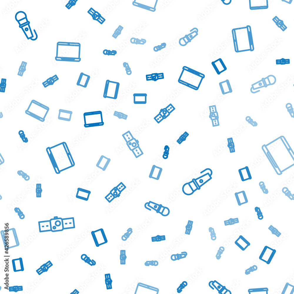 Poster set line smartwatch, microphone and laptop on seamless pattern. vector