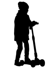 Young athlete on scooter for extreme stunts. Isolated silhouette on a white background