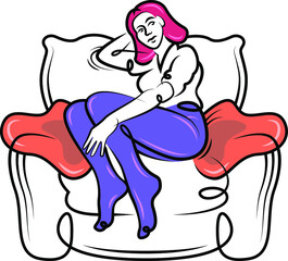 Young woman sitting resting in a large armchair. Girl with pink hair. Continuous line hand drawn contour flat design portrait minimal vector illustration.