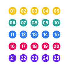 Numbers with long shadow on multicolored circles set. Vector flat illustration.