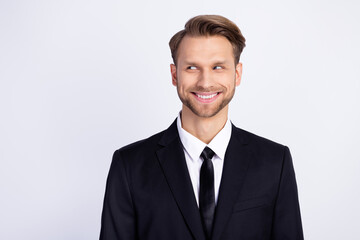 Photo portrait of smiling curious businessman in blazer shirt successful boss isolated on white color background
