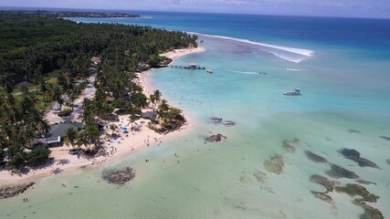 Aerial view of a white sand beach with palm trees in Tobago