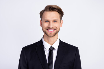 Photo portrait of happy businessman wearing formalwear smiling isolated on white color background