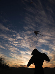 Cielo en atardecer con silueta de mujer vistiendo y cometa al fondo