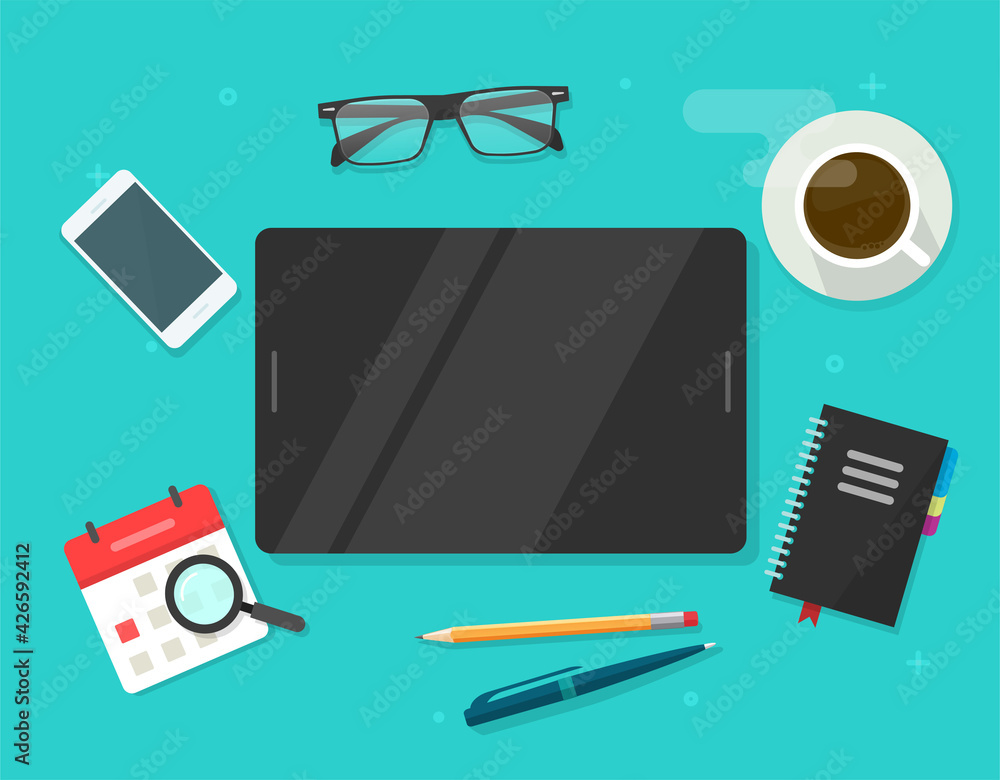 Fototapete digital tablet computer with blank empty screen template for copy space text on working table desk t